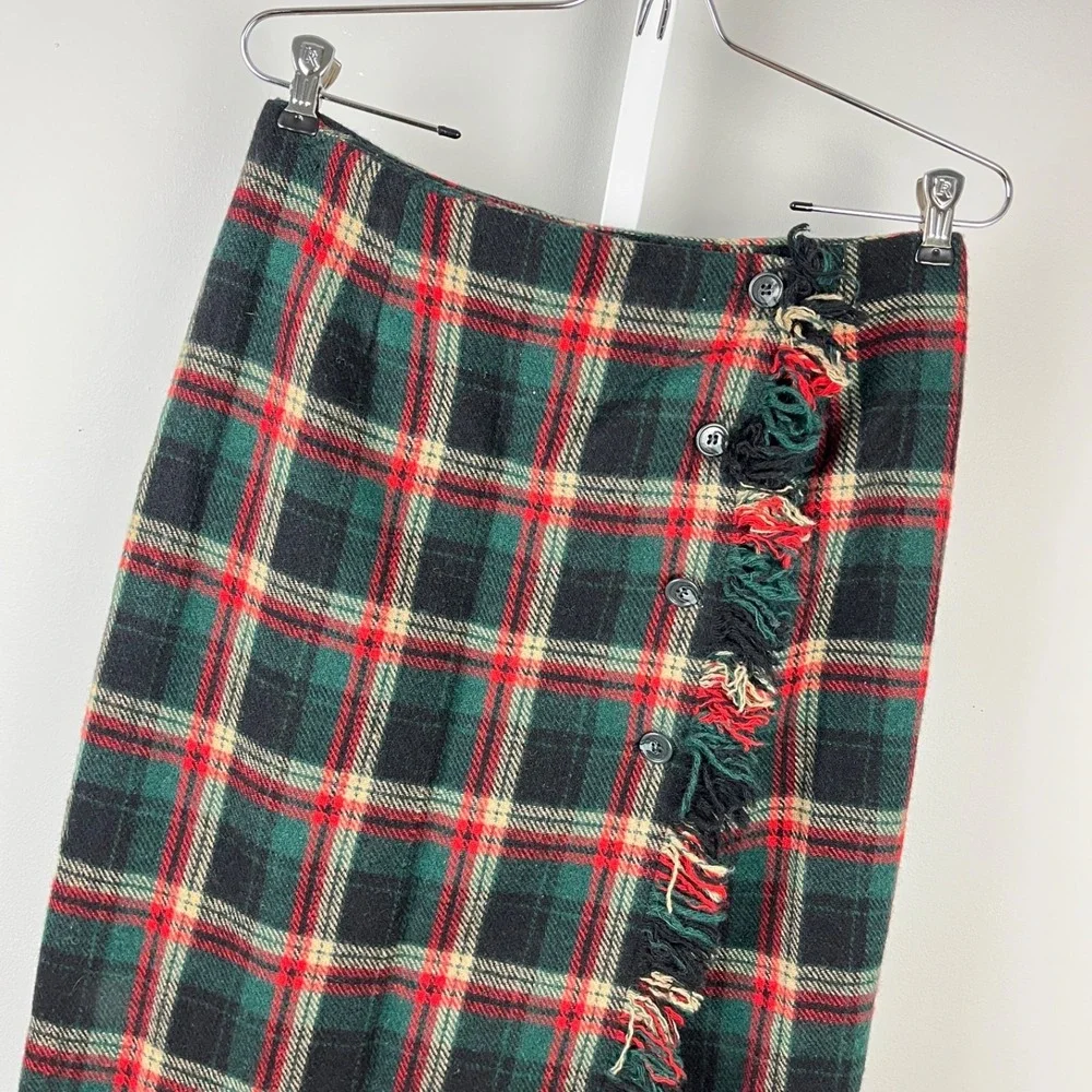 Vintage J. London Maxi Wrap Skirt Womens 10 Plaid Wool Blend Fringe Academia